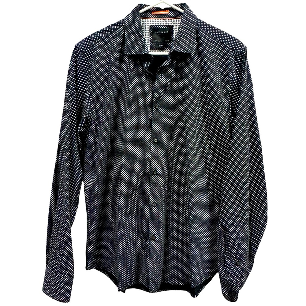 Cactus Man Slim Fit Long Sleeve Button Up Black Polka Dot Print Shirt Mens Large
